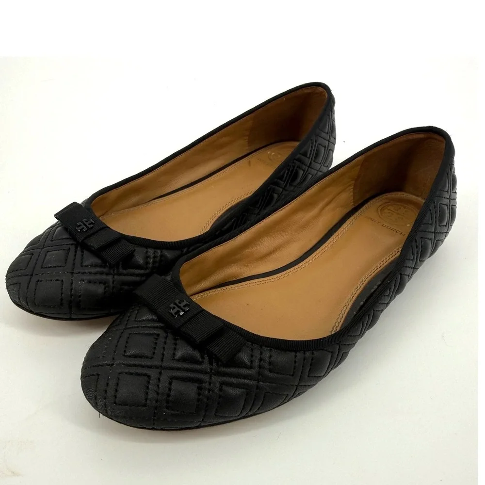 Tory Burch Marion 7.5M Quilted Leather Ballet Flats Bow Black Round Toe Minimal
